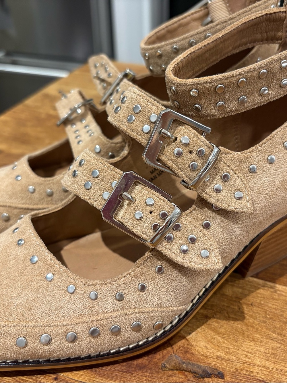 Corky’s Cackle Women’s Tan Suede Studded Buckle Mary Jane Shoes